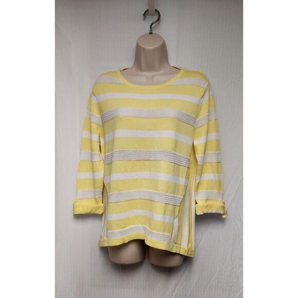 Zernergy By Chico's Striped Knit/Mesh Sweater Yellow/White Roll-Tab Sweater 2-L - Picture 7 of 7